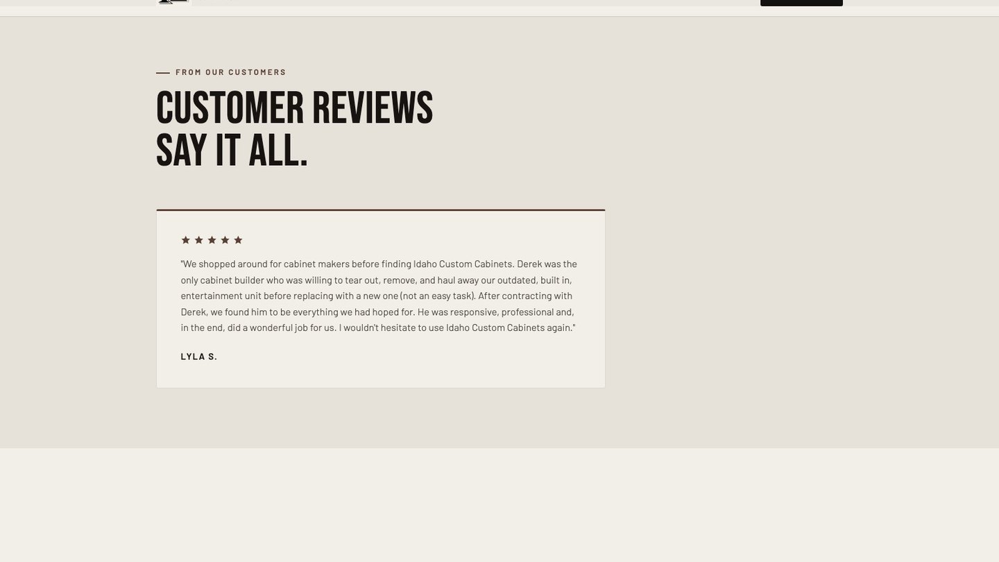 The customer review section of the new homepage
