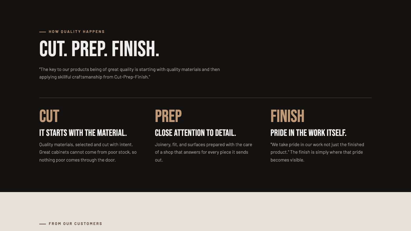The Cut, Prep, Finish process section of the new homepage