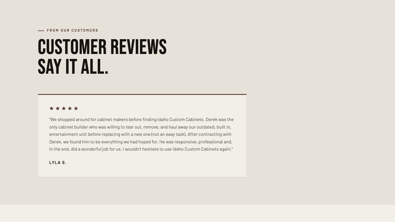 The customer review section of the new homepage